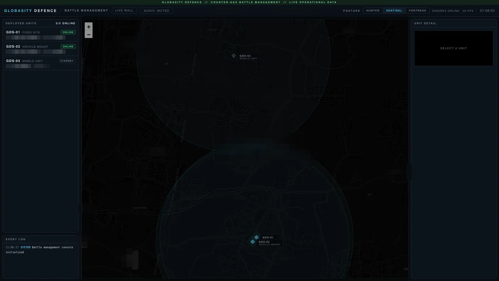Globasity battle-management console with live units
